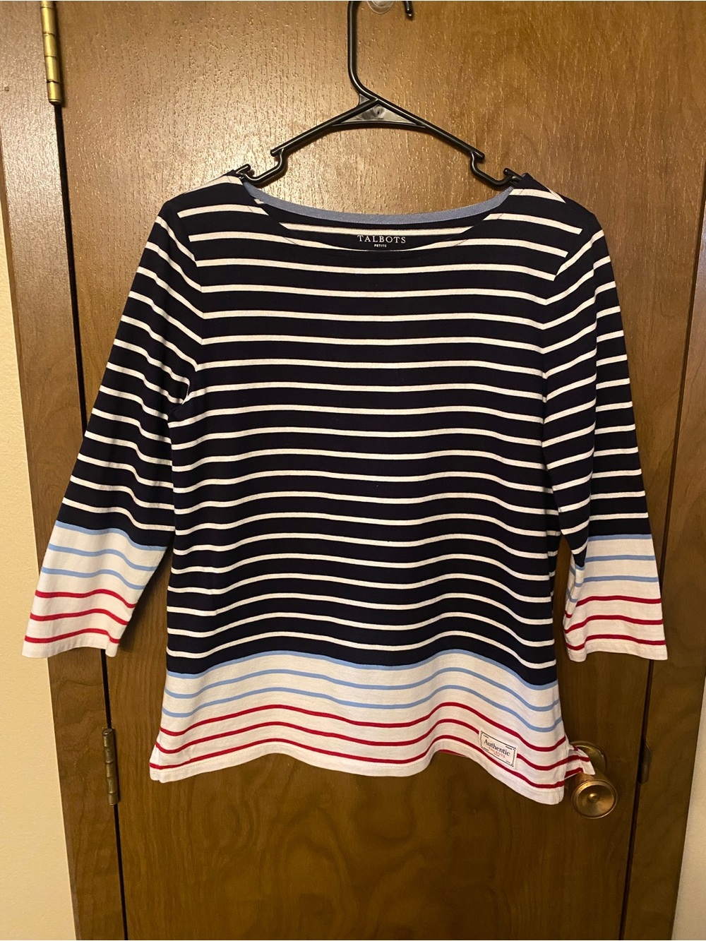 Talbots Navy and White Striped Boatneck Top with Red & Light Blue Accents